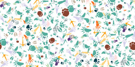 Seamless pattern with traces of various animals and birds in cartoon style isolated on white background. Colorful cute traces of bear, wild boar and other wild animals. vector flat illustrationのイラスト素材
