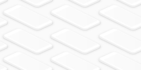 Clean white isometric smartphones. Realistic empty screen phones seamless pattern. Empty screen phone template for inserting UI interface or business presentation. Soft 3d vector designのイラスト素材