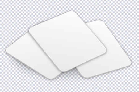 White coaster mockup set. Realistic blank square shaped protection pads for beer glasses, tea cups on transparent. 3D isometric vector illustration for presentation, advertising, website, apps, bannerのイラスト素材
