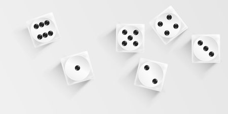 Gambling game dice. Realistic set white play dice cubes with black dot isolated on light gray. Objects to play in casino, dice from one to six dots. view from above. vector illustrationのイラスト素材