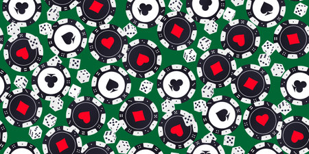Seamless pattern of black white poker chips and white dice with black dot . Tokens with symbols of diamonds, clubs, hearts and spades. Vector design for casino, game design, advertising, banner, webのイラスト素材
