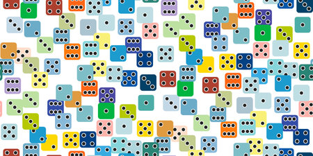 Gambling game dice. Seamless pattern of flat gaming poker cubes with black dots on color . Object to play in casino, dice from one to six dots with random numbers. fortune concept. vectorのイラスト素材