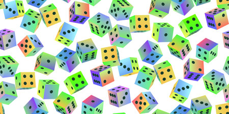 Gambling dice. Seamless pattern of polyhedral game cubes in gradient color with black dots on white. To play in casino, roll dice from one to six points with random numbers. good luck concept. vectorのイラスト素材