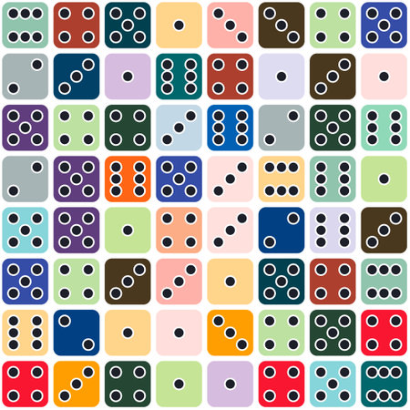 Gambling game dice. Seamless pattern of flat gaming poker cubes with black dots on color . Object to play in casino, dice from one to six dots with random numbers. fortune concept. vectorのイラスト素材