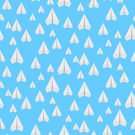 White paper airplanes on blue background. Travel, route symbol. Design for bedding prints, phone cases, wrapping paper, fabric, wallpaper. Seamless vector illustrationのイラスト素材