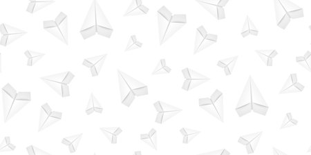 White paper airplanes on white background. Travel, route symbol. Design for bedding prints, phone cases, wrapping paper, fabric, wallpaper. Seamless vector illustrationのイラスト素材