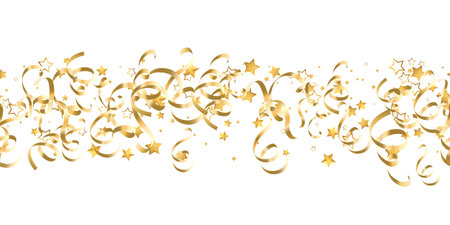 Explosion of golden flying stars and tinsel . Abstract random grainy texture for celebratory design, Christmas decorations, wedding theme, greeting card, banner, gift packaging. Vector seamlessのイラスト素材