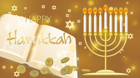 Hanukkah Shining Background with Menorah, David Star on beautiful shining background. Happy Hanukkah traditional Jewish holiday. Great for horizontal posters, header website. vector illustrationのイラスト素材