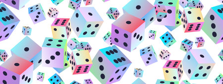 Gambling dice. Seamless pattern of polyhedral game cubes in gradient color with black dots on white. To play in casino, roll dice from one to six points with random numbers. good luck concept. vectorのイラスト素材