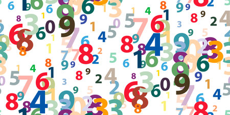 Colorful numbers seamless pattern. Mathematical background of randomly placed different bright numbers on white. Colorful school template for nursery, kids playroom and classroom. vector illustrationのイラスト素材