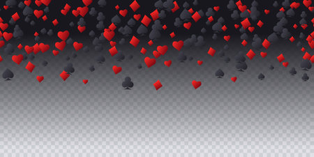 Playing card suit symbols icons. Seamless pattern with falling red, black suits for playing cards on black transparent. Vector illustration for casino, game design, advertising, ads of partiesのイラスト素材