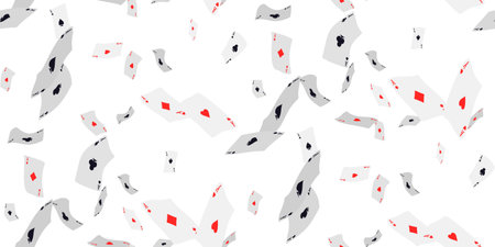 Falling playing cards on white. Seamless pattern with falling playing cards with symbols of diamonds, clubs, hearts and spades. Vector illustration for casino, game design, advertising, ads of partiesのイラスト素材