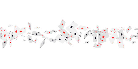 Falling playing cards on white. Seamless pattern with falling playing cards with symbols of diamonds, clubs, hearts and spades. Vector illustration for casino, game design, advertising, ads of partiesのイラスト素材