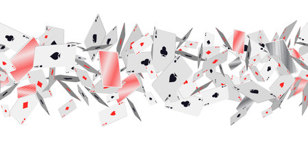 Falling playing cards on white. Seamless pattern with falling playing cards with symbols of diamonds, clubs, hearts and spades. Vector illustration for casino, game design, advertising, ads of partiesのイラスト素材