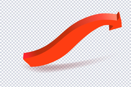 Abstract Curved Red Arrow. Market movements creative concept charts, infographics. Red curve arrow with shadow on transparent. Trading stock news impulses. Realistic 3d vector design of trendのイラスト素材