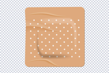 Beige adhesive antibacterial bandage. 3d vector design elastic patch crumpled shape with rounded edges, air ducts. Adhesive bandage for emergency medical care for wound, scratch, calluse on skinのイラスト素材