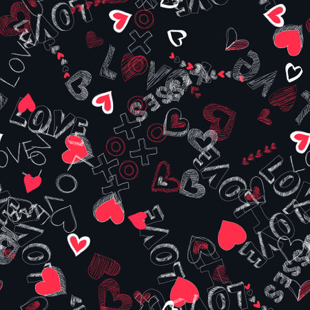 Hearts doodle line. Trendy vector seamless pattern with flying hearts. Minimalistic hand painted illustration for valentines day wrapping paper, invitation card background in black white red colorsのイラスト素材