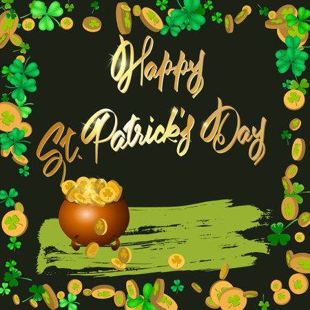 saint patricks day. Pattern with lettering, treasure pot with coins, clover leaf and golden coins on green background. Great for greeting card, poster and web template, header for website. Vectorのイラスト素材