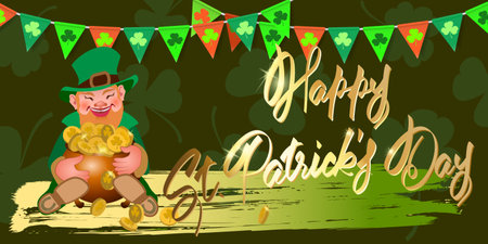 Saint Patrick's day. Holiday design with lettering, leprechaun and pot of gold coins, garland of flags on dark green. Great for greeting card, poster and web template, header for website. vectorのイラスト素材
