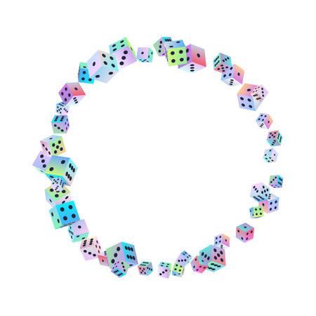 Gambling dice. Round pattern of polyhedral game cubes in gradient color with black dots on white. To play in casino, roll dice from one to six points with random numbers. good luck concept. vectorのイラスト素材