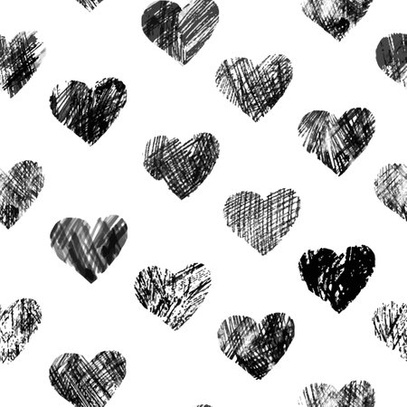 Hearts doodle line. Trendy vector seamless pattern with flying hearts. Minimalistic hand painted illustration for valentines day wrapping paper, invitation card background in black white colorsのイラスト素材
