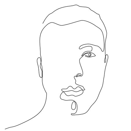 Face man line art minimalist logo. Line sketch of man face. Abstract portrait of young man continuous drawing in one line. Black white vector design for t-shirt, print style, beauty salon logoのイラスト素材