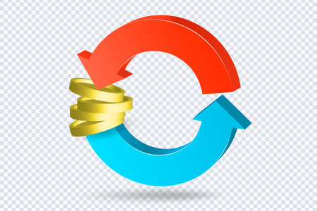 Two arrows circle round Golden coins. payment concept. Isometric money exchange icon. Investment and banking concept. Currency transfer, money conversion, banking concept. 3d vector illustrationのイラスト素材