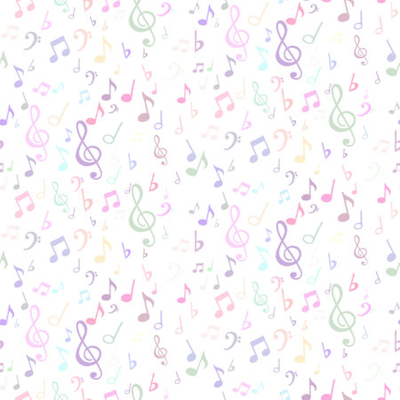 Seamless flying musical notes on white. Musical symbols for banner of festival, print design, melody recording, design back layers. Colorful musical notation symphony signs, notes for sound tune musicのイラスト素材