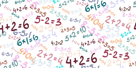 Solve examples. Seamless background of randomly placed mathematical examples. Adding, subtraction, multiplying and dividing. Color school template, mathematics poster. vector illustrationのイラスト素材