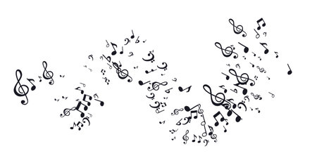 Wavy pattern of flying musical notes. Musical symbols for banner of festival, print design, melody recording, design back layers. Template musical notation symphony signs, notes for sound tune musicのイラスト素材