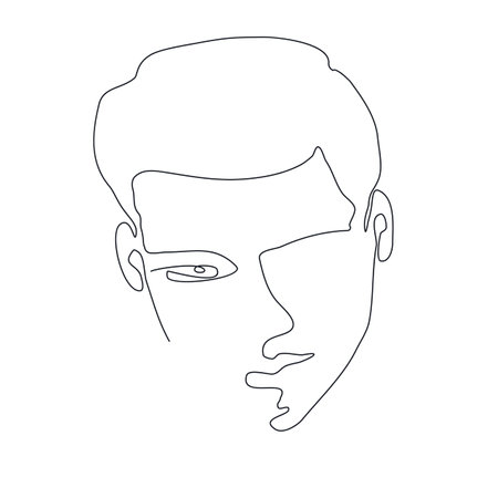 Face man line art minimalist logo. Line sketch of man face. Abstract portrait of young man continuous drawing in one line. Black white vector design for t-shirt, print style, beauty salon logoのイラスト素材