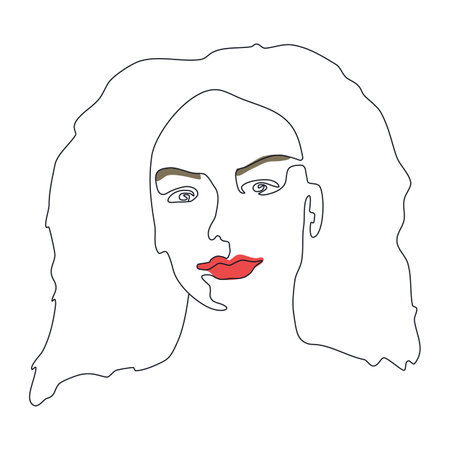 Woman Line Art Minimalist Logo. Continuous drawing in one line. Abstract line sketch of female face. Linear design faces. Black white vector illustration for t-shirt, print style, beauty salon logoのイラスト素材
