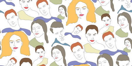 People heads seamless pattern. Abstract portraits of different people heads. Line sketch female and man face. Vector illustration in flat cartoon style for t-shirt, wrapping paper, textile printのイラスト素材