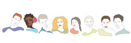 Set of people portraits. Abstract color sketch of young male and female characters. Male and female faces, shoulders avatars. user portraits. Modern minimal art. Flat cartoon style vector illustrationのイラスト素材