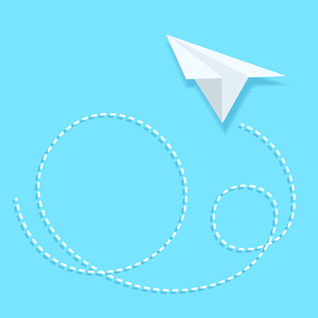 Paper plane flying on blue. Route of aircraft in form of dotted line. Be yourself, think differently concept. Going out of line, innovation, unique, leadership, new idea. travel concept. Vectorのイラスト素材