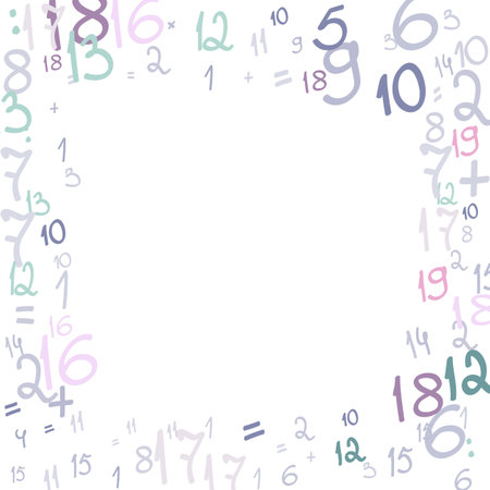 Square pattern of handwritten numbers from zero to nine. Mathematical background of randomly placed different numbers. Vector illustration school template for nursery, kids playroom and classroomのイラスト素材
