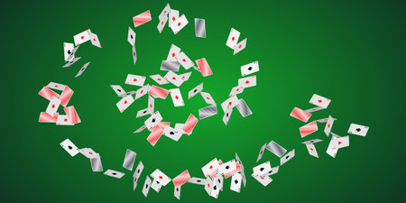 Falling playing cards on green. Frame pattern with falling playing cards with symbols of diamonds, clubs, hearts and spades. Vector illustration for casino, game design, advertising, ads of partiesのイラスト素材