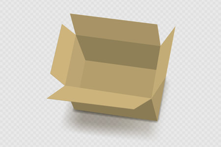 Empty cardboard box isolated on transparent. Realistic cardboard box mockup open. Parcel packaging template for goods, isolated packs for freight shipping. delivery cargo box. 3d vector illustrationのイラスト素材