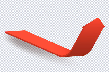 Abstract Curved Red Arrow. Market movements creative concept charts, infographics. Red curve arrow with shadow on transparent. Trading stock news impulses. Realistic 3d vector design of trendのイラスト素材