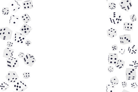 Gambling game dice. Seamless frame pattern of realistic isometric white play dice cubes with black dot isolated on white. Object to play in casino, dice from one to six dots. 3d vector illustrationのイラスト素材