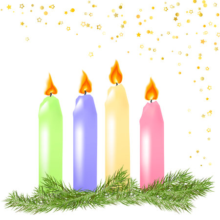Four beautiful Advent Christmas burning candles with festive decorations.Christmas wreath of fir branches, colored burning candles and bright star confetti on white background. Advent banner. Vectorのイラスト素材