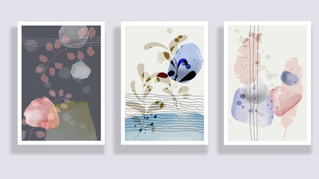 Trendy set of minimalist tropical leaves and abstract forms. Minimal botanical wall art. Mid century modern graphic. Plant art design for social media, blog post, print, cover, wallpaper. Vectorのイラスト素材