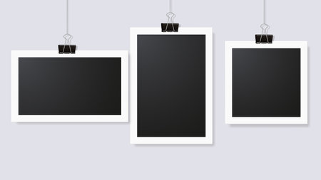 Blank photo frame set hanging on clip. Mockup empty place for your text or photo. Realistic detailed photo icon design template. Modern blank picture frame artwork. Vector design templateのイラスト素材