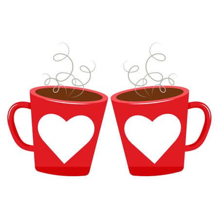Two cups with hot drink. red cup with heart. Vector illustrationのイラスト素材