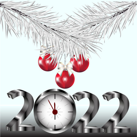 Happy New Year 2022 poster watch. Banner with Christmas balls and Christmas tree branches. Christmas design, decor. Vector illustration.のイラスト素材