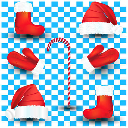 Large, a Christmas set of red santa claus hat, mittens, boots, striped stick. Vector illustration.のイラスト素材