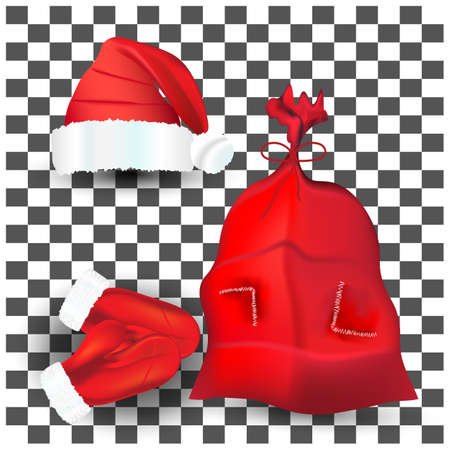 Big set of Christmas red Santa hat, gloves, a bag with gifts. Vector illustration.のイラスト素材