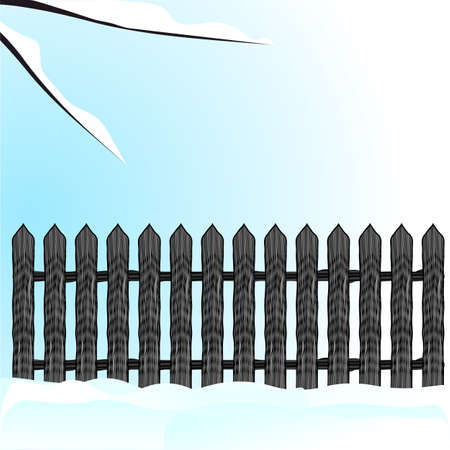 Christmas card with snow branches, wooden fence, snow. Vector illustration.のイラスト素材