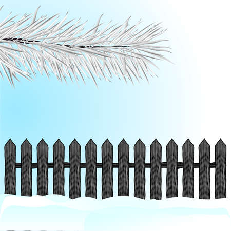 Christmas card with fir branches, wooden fence, snow. Vector illustration.のイラスト素材