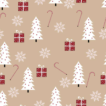 New Year and Christmas. Seamless background for print fabric and packag paper. Spruce tree, gift and sugar caneのイラスト素材